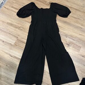 Black Puff-Sleeve Wide-Leg Jumpsuit